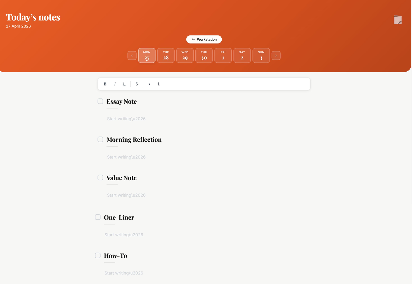 Content Calendar — day, week, and month views