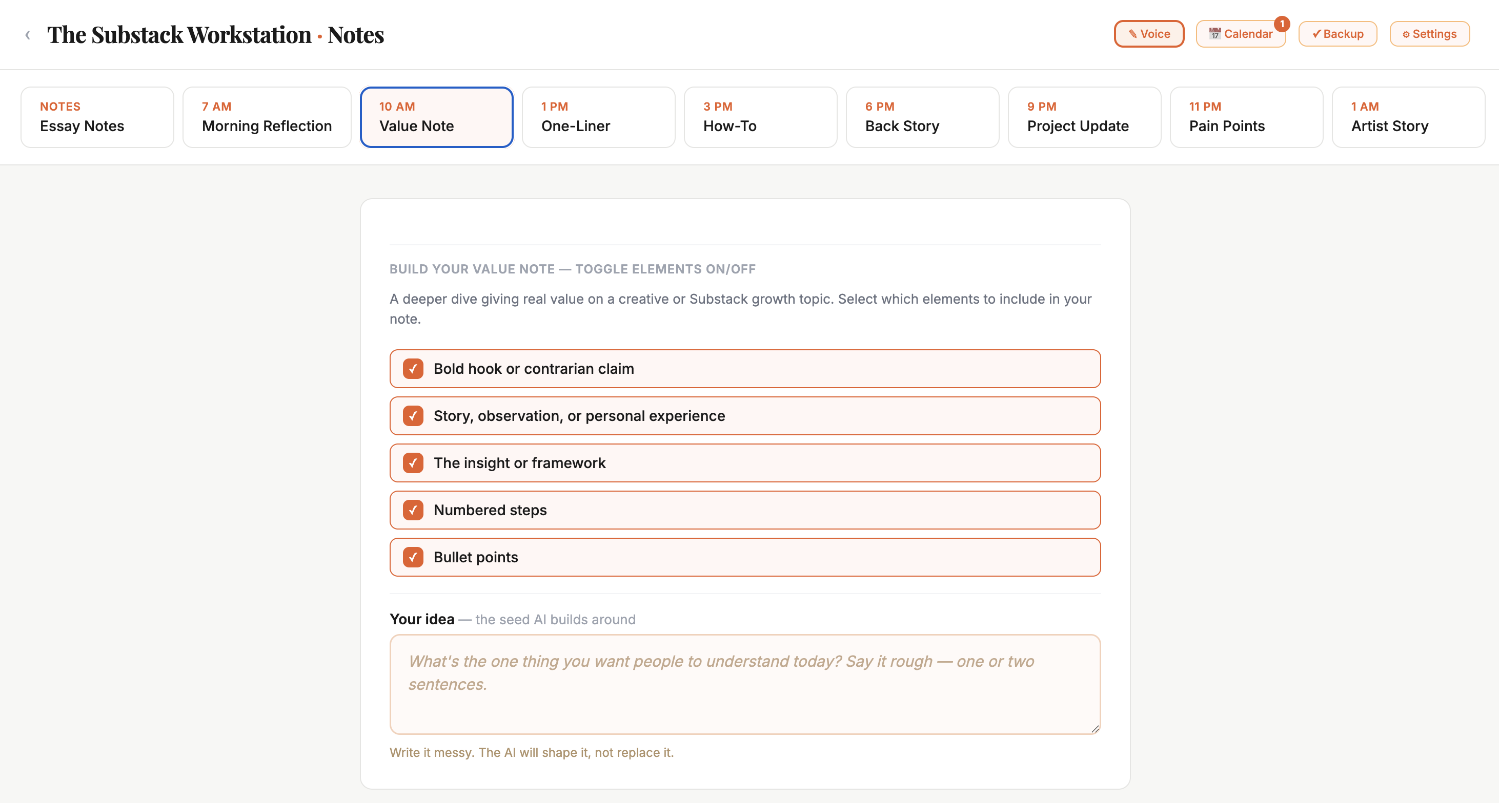 The Substack Workstation — Notes interface showing seven creative forms